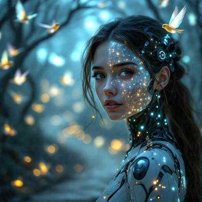 The primary subject of the image is a woman with a futuristic, cyberpunk appearance. She is wearing a glowing, light-up outfit and has a starry, celestial makeup on her face. The setting is a forest with a nighttime atmosphere, and the visual style is a combination of photography and digital art. The colors and mood of the image are predominantly dark and mysterious, with the woman's outfit and makeup adding a touch of whimsy and